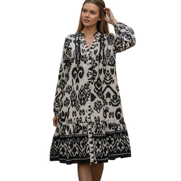 BOHO ME Black White Print Boho Mini Button Up Dress Tiered Ruffle Long Sleeve L - Picture 1 of 9